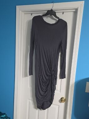 Long Sleeve Ruched Side Knot Dress - Gray
